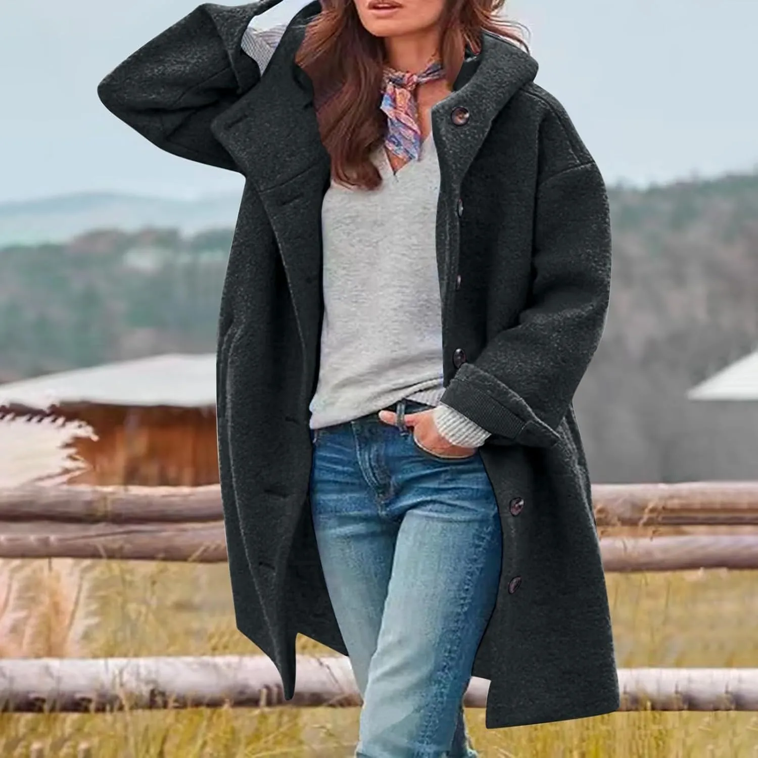 Jackets for Women Casual Loose Fit Button Coats Button Up Long Sleeve Outerwear Hooded Overcoat with Pocket