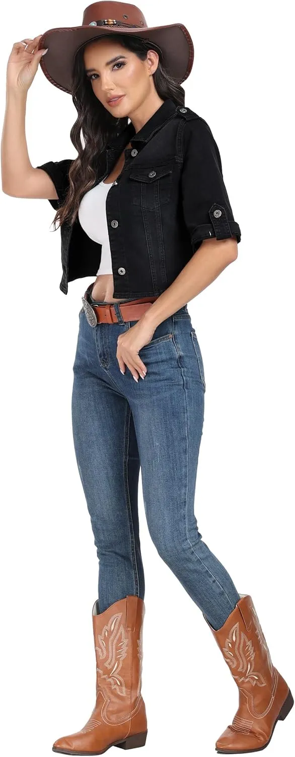 J.Corrine Women's Short Sleeve Stretch Denim Jacket Retro Button Down Cropped Trucker Jean Jackets