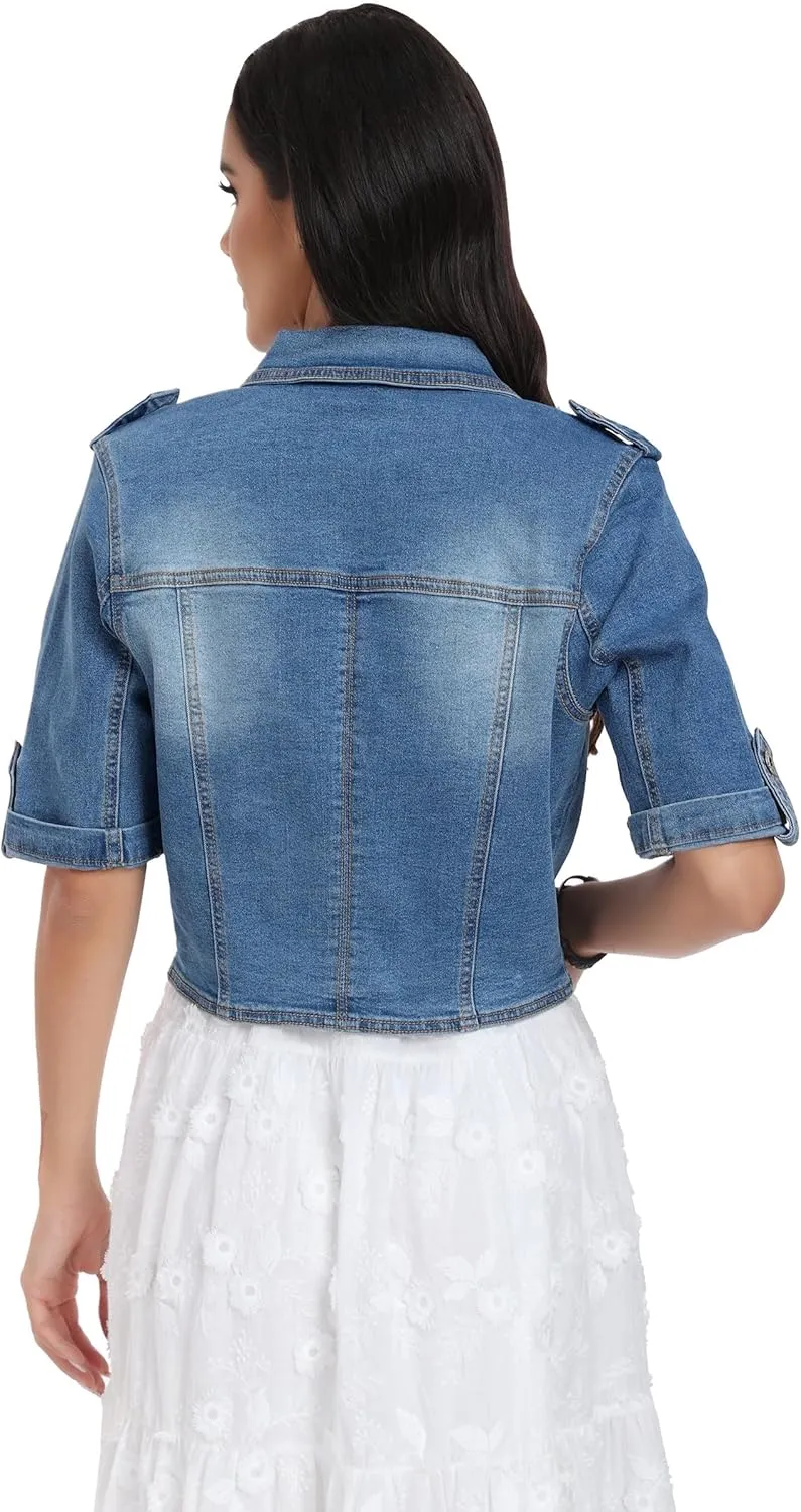 J.Corrine Women's Short Sleeve Stretch Denim Jacket Retro Button Down Cropped Trucker Jean Jackets