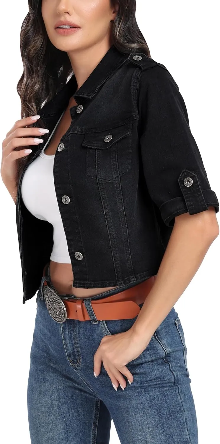 J.Corrine Women's Short Sleeve Stretch Denim Jacket Retro Button Down Cropped Trucker Jean Jackets