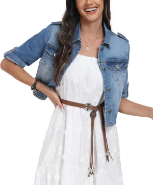 J.Corrine Women's Short Sleeve Stretch Denim Jacket Retro Button Down Cropped Trucker Jean Jackets