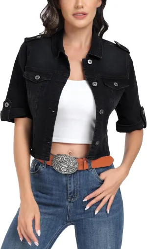 J.Corrine Women's Short Sleeve Stretch Denim Jacket Retro Button Down Cropped Trucker Jean Jackets