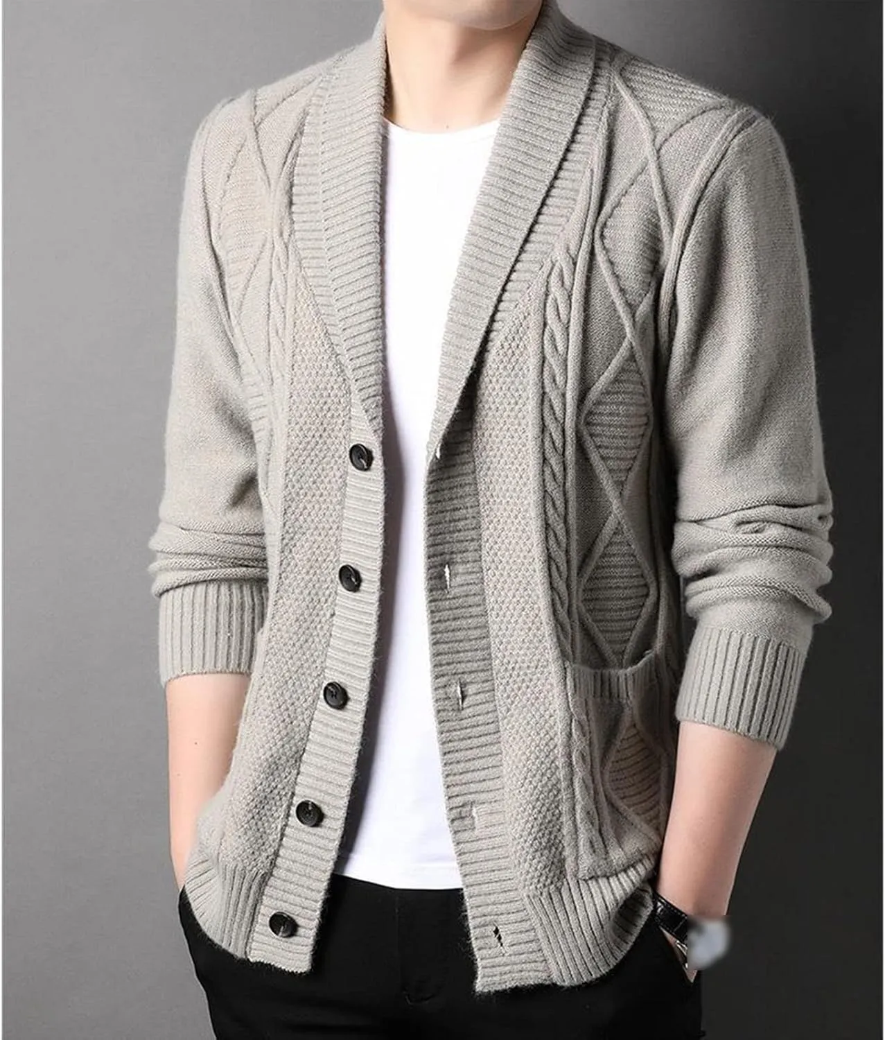 JEsilunmaMY Mens Casual Business Cardigan Sweaters Long Sleeve Shawl Collar Cable Knit Coats Button Down Loose Knitwear