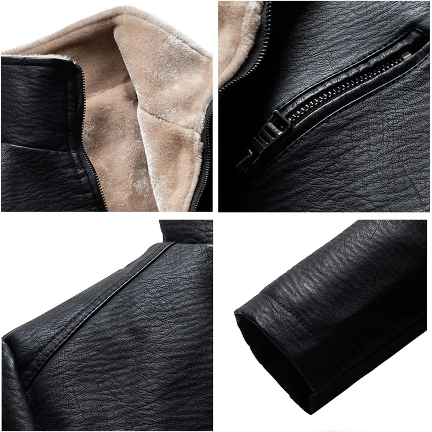 JEsilunmaMY Men's Stand Collar Motorcycle Leather Jacket Fall Winter Fleece Lined Sherpa Coats Slim Fit Bomber Biker Coat