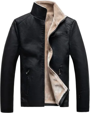 JEsilunmaMY Men's Stand Collar Motorcycle Leather Jacket Fall Winter Fleece Lined Sherpa Coats Slim Fit Bomber Biker Coat