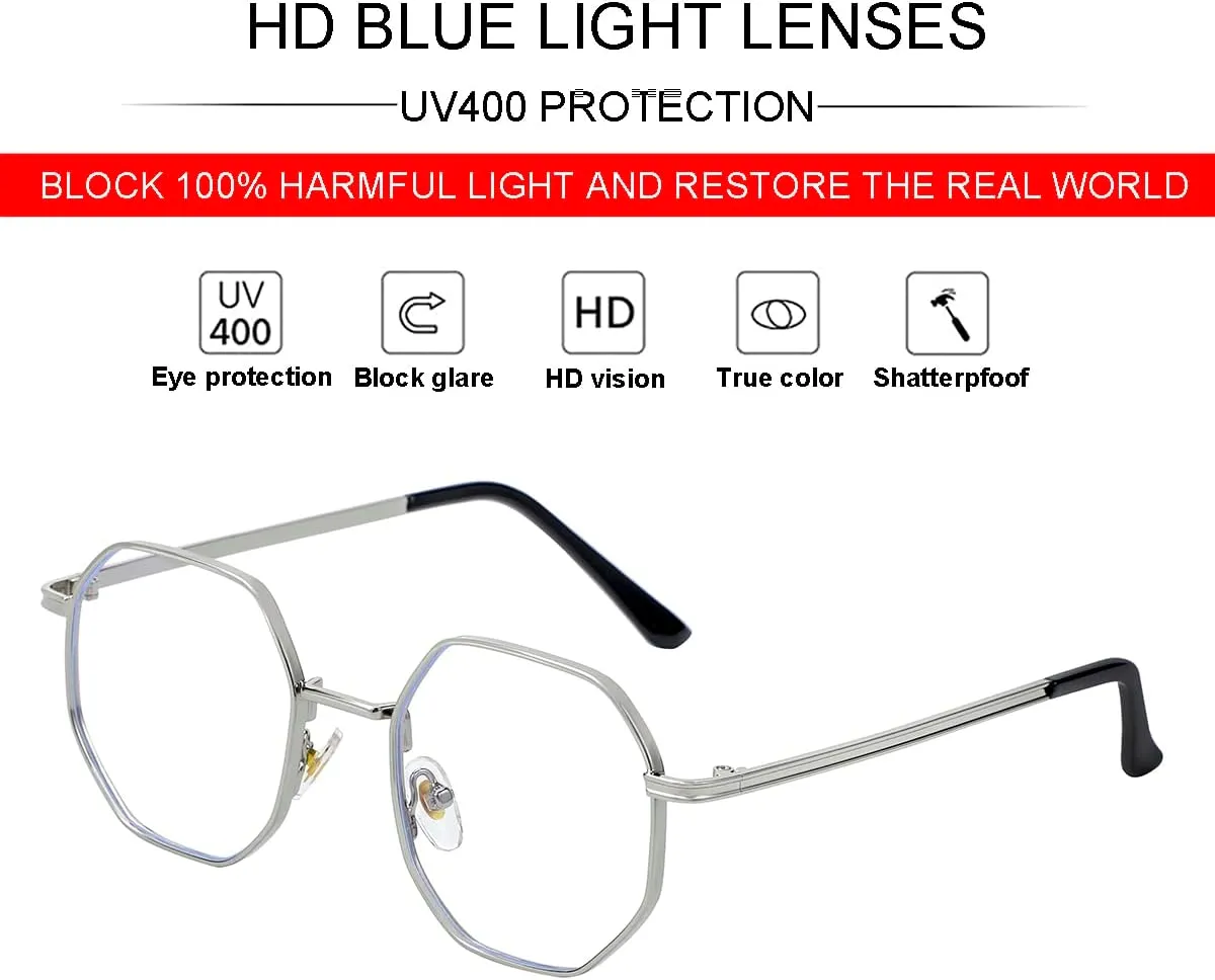 JOVAKIT Polygon Blue Light Blocking Glasses for Women Men Vintage Octagon Square Non-prescription Metal Eyeglasses