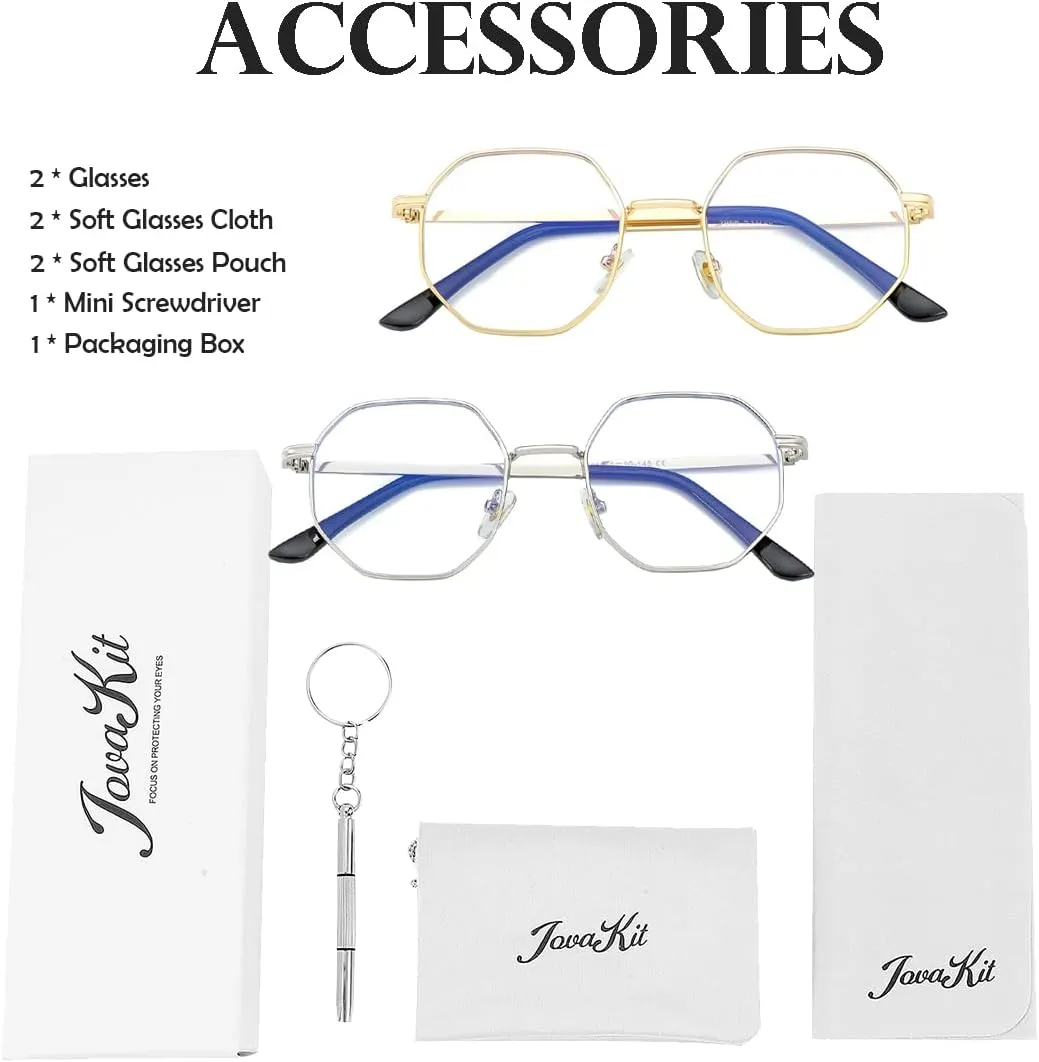 JOVAKIT Polygon Blue Light Blocking Glasses for Women Men Vintage Octagon Square Non-prescription Metal Eyeglasses