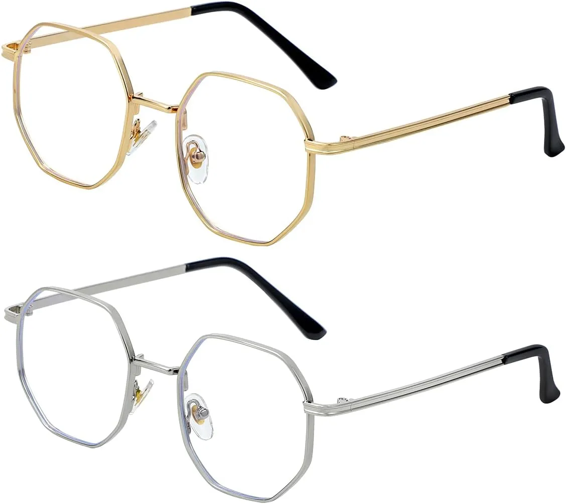 JOVAKIT Polygon Blue Light Blocking Glasses for Women Men Vintage Octagon Square Non-prescription Metal Eyeglasses