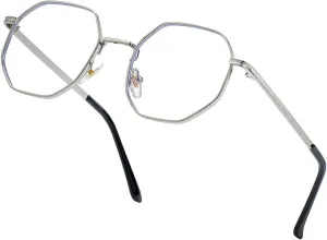 JOVAKIT Polygon Blue Light Blocking Glasses for Women Men Vintage Octagon Square Non-prescription Metal Eyeglasses