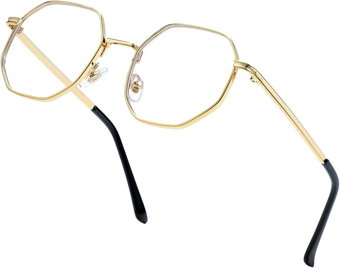 JOVAKIT Polygon Blue Light Blocking Glasses for Women Men Vintage Octagon Square Non-prescription Metal Eyeglasses