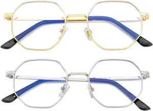JOVAKIT Polygon Blue Light Blocking Glasses for Women Men Vintage Octagon Square Non-prescription Metal Eyeglasses