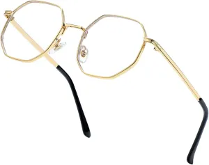 JOVAKIT Polygon Blue Light Blocking Glasses for Women Men Vintage Octagon Square Non-prescription Metal Eyeglasses