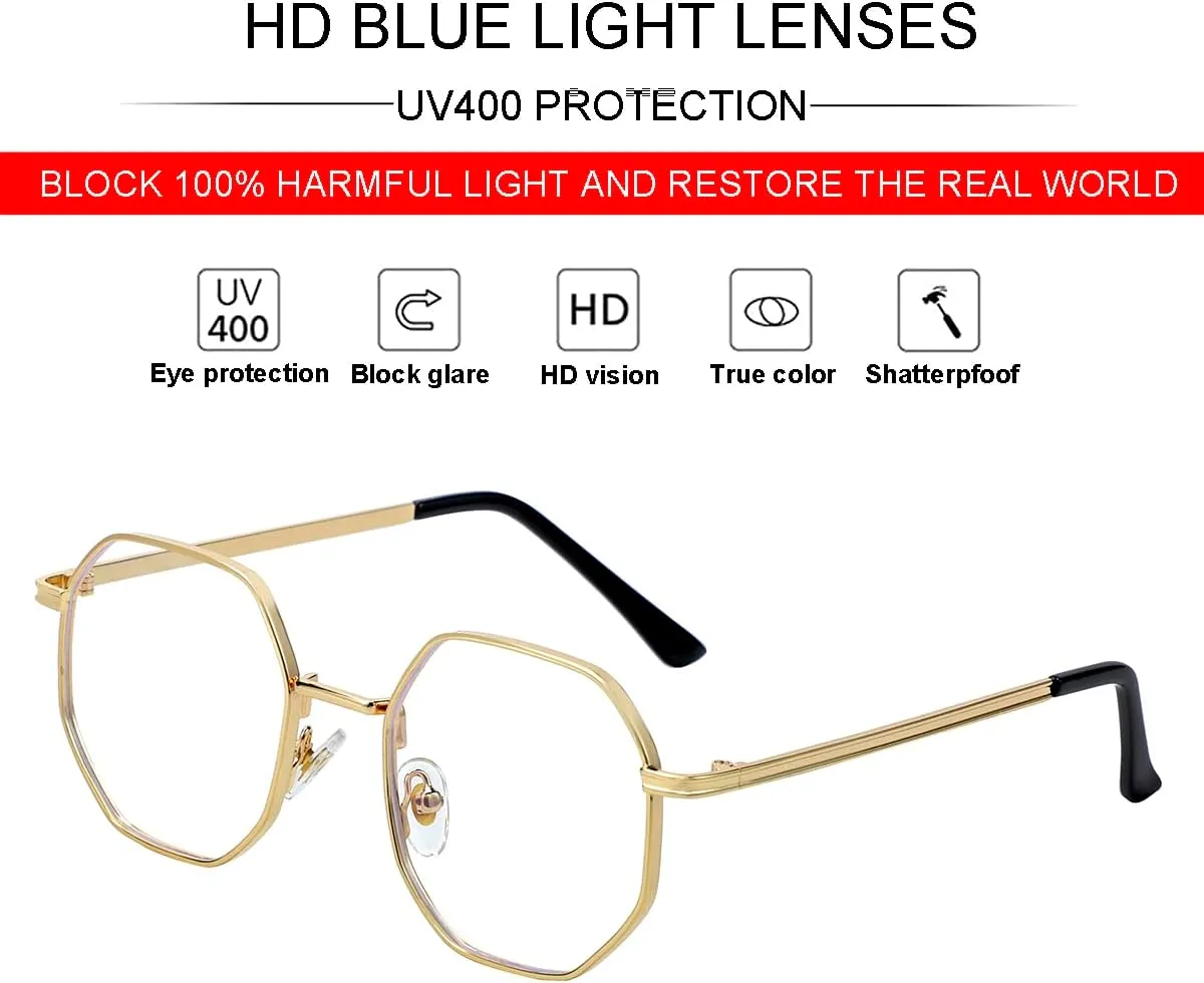 JOVAKIT Polygon Blue Light Blocking Glasses for Women Men Vintage Octagon Square Non-prescription Metal Eyeglasses