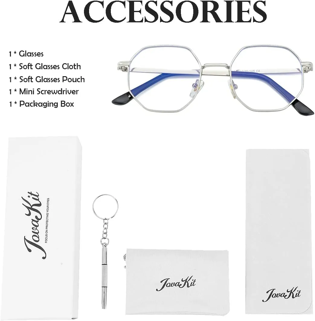 JOVAKIT Polygon Blue Light Blocking Glasses for Women Men Vintage Octagon Square Non-prescription Metal Eyeglasses