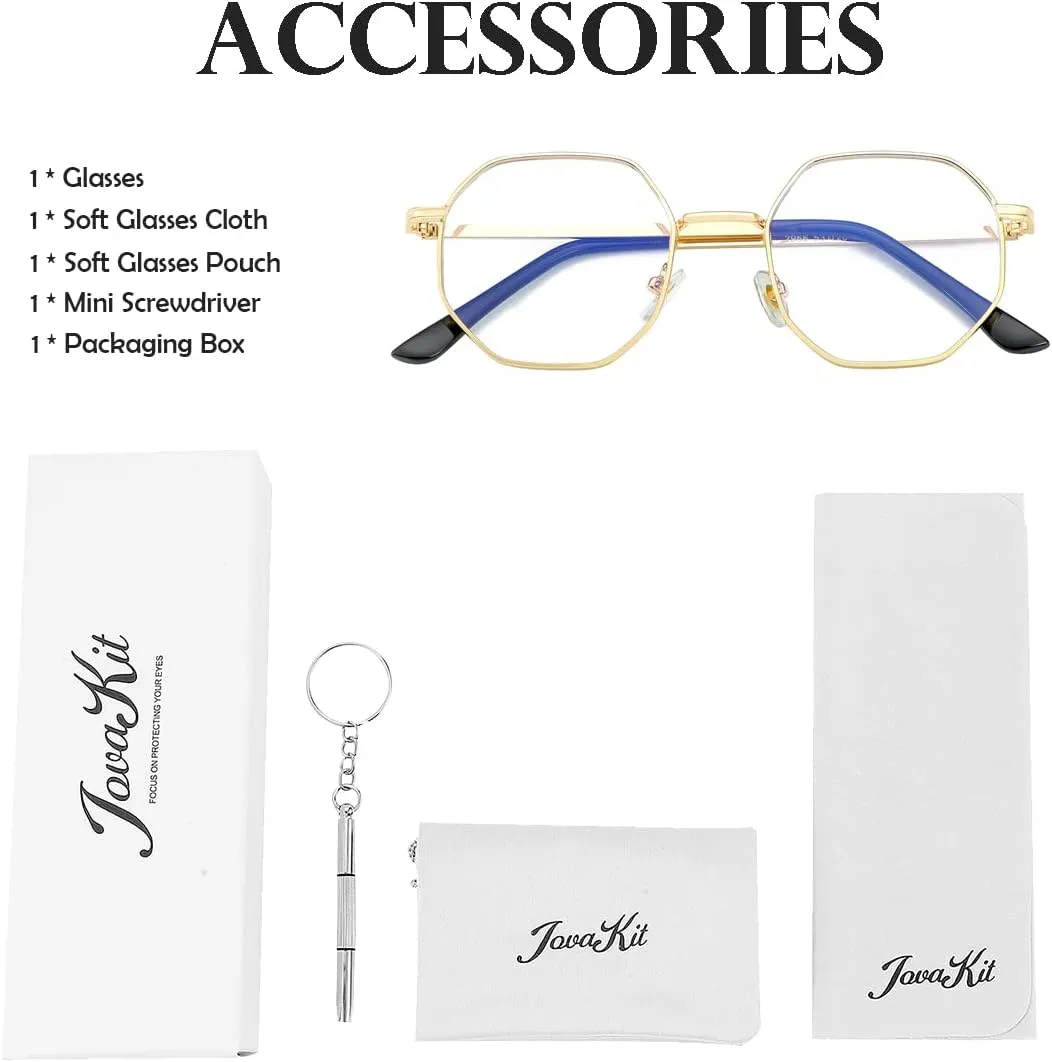 JOVAKIT Polygon Blue Light Blocking Glasses for Women Men Vintage Octagon Square Non-prescription Metal Eyeglasses