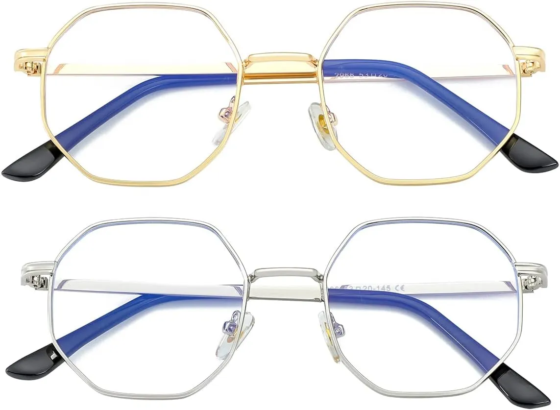 JOVAKIT Polygon Blue Light Blocking Glasses for Women Men Vintage Octagon Square Non-prescription Metal Eyeglasses