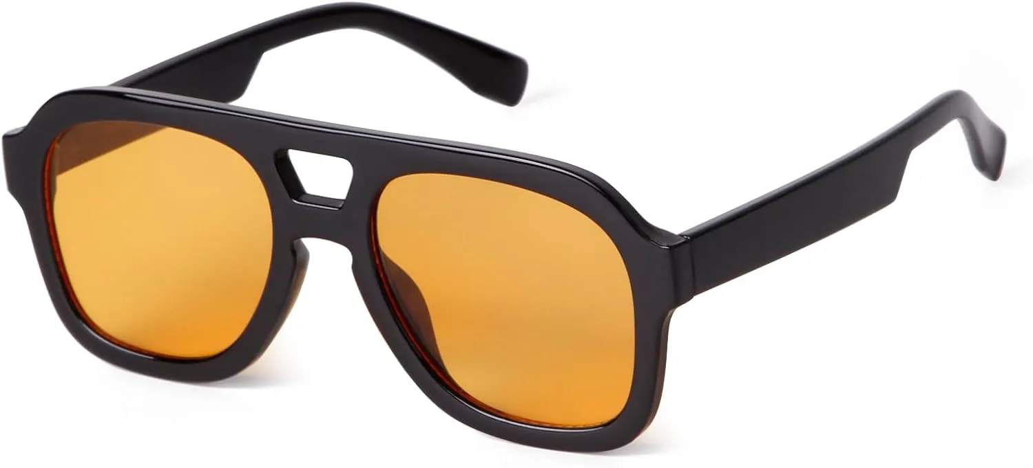 JUDOO Retro 70s Square Flat Aviator Sunglasses for Women Men Trendy Rectangle Double Bridge Geometric Sun Glasses Shades