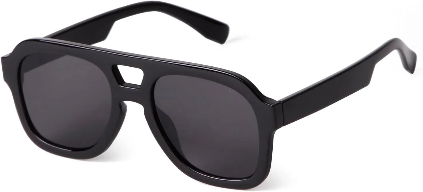 JUDOO Retro 70s Square Flat Aviator Sunglasses for Women Men Trendy Rectangle Double Bridge Geometric Sun Glasses Shades
