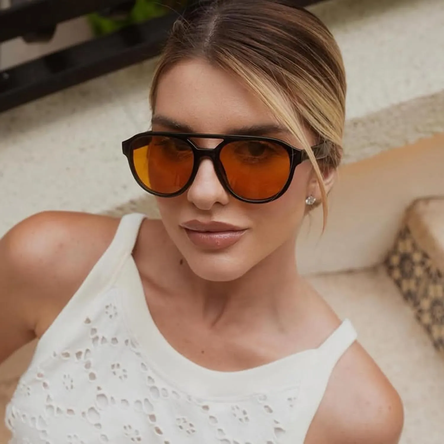 JUDOO Retro 70s Square Flat Aviator Sunglasses for Women Men Trendy Rectangle Double Bridge Geometric Sun Glasses Shades