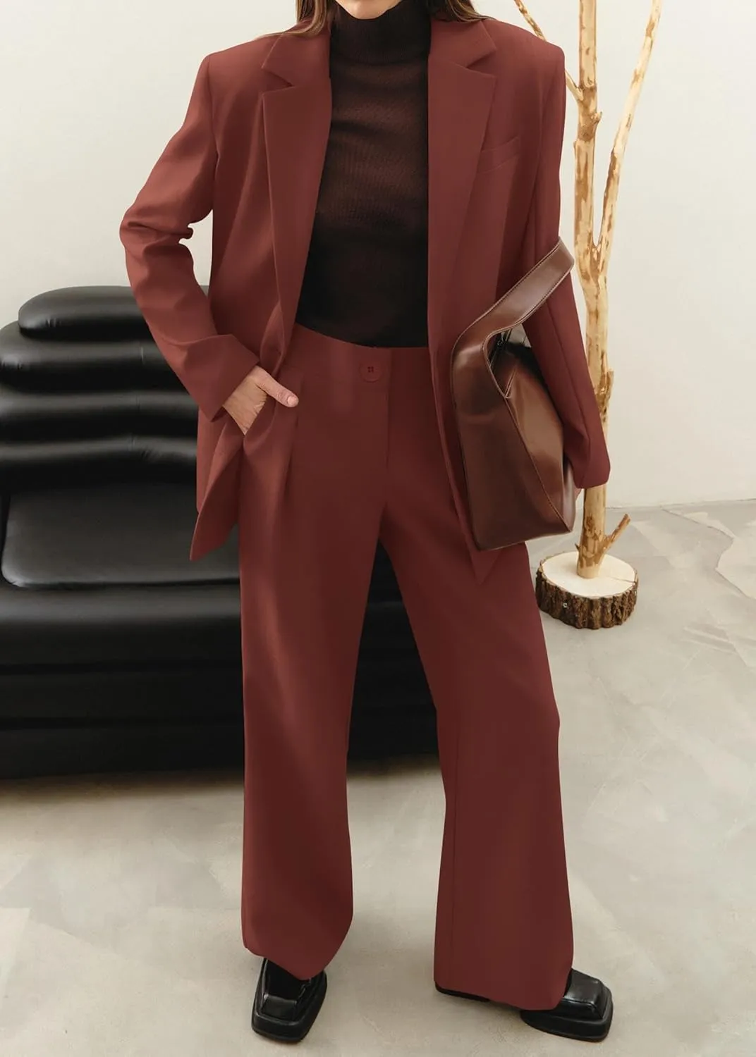 KIRUNDO Women's 2025 Spring Fall 2 Piece Blazer Set Casual Loose Long Blazer Jackets and Dressy Wide Leg Pant Suits Pockets