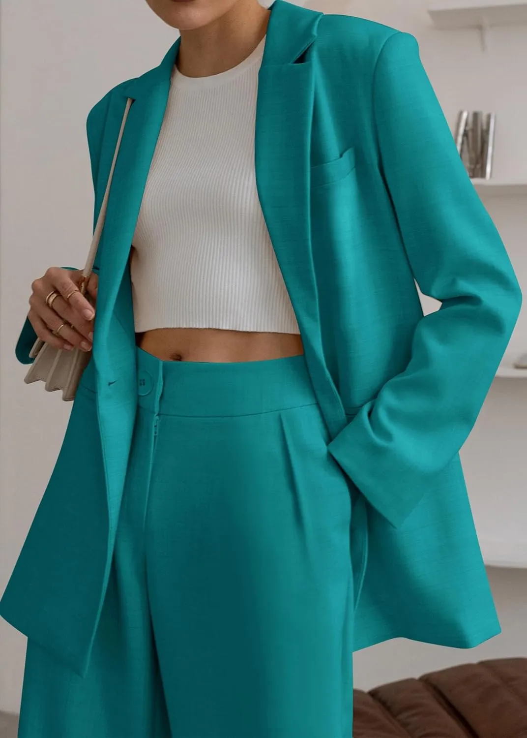 KIRUNDO Women's 2025 Spring Fall 2 Piece Blazer Set Casual Loose Long Blazer Jackets and Dressy Wide Leg Pant Suits Pockets