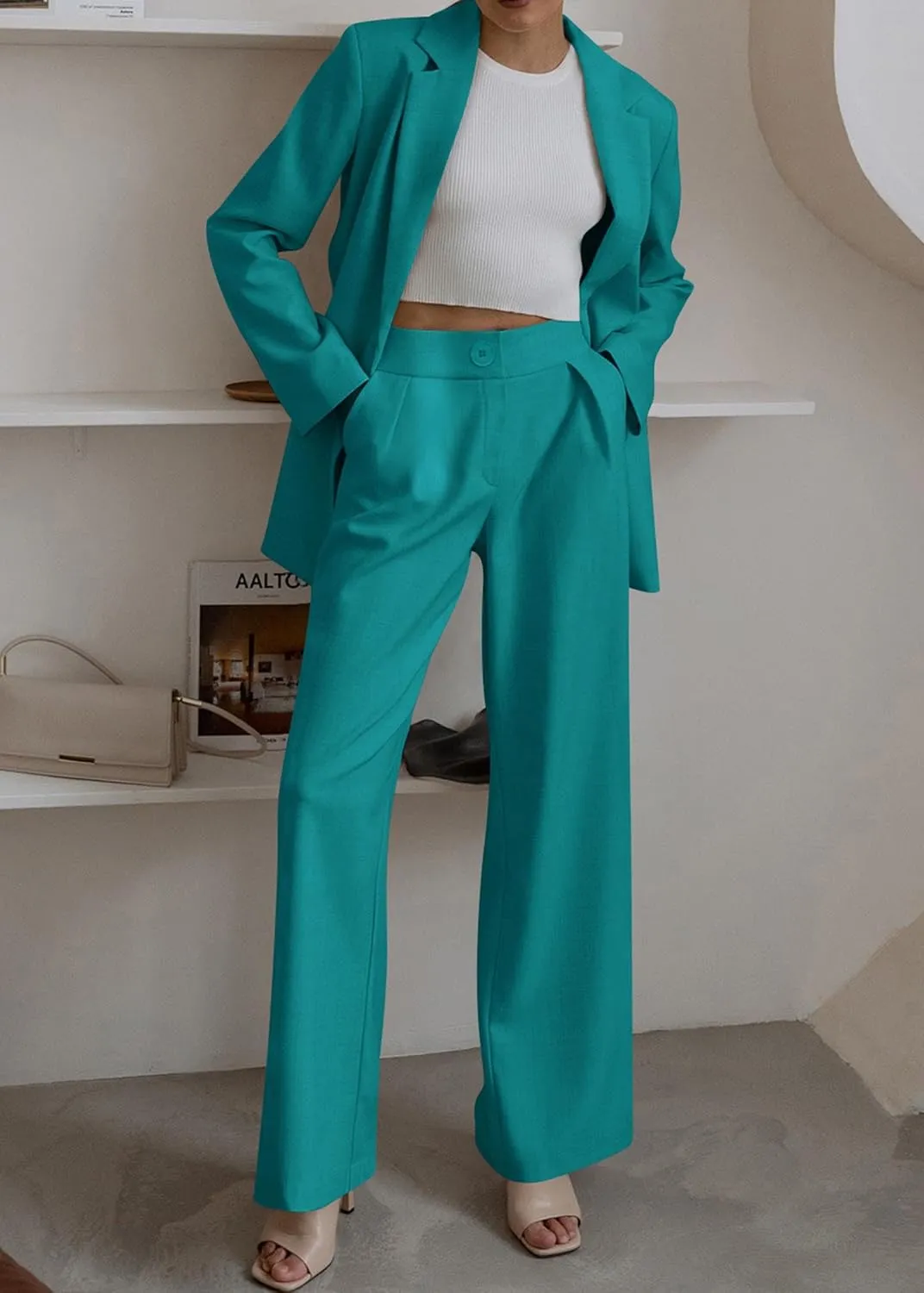 KIRUNDO Women's 2025 Spring Fall 2 Piece Blazer Set Casual Loose Long Blazer Jackets and Dressy Wide Leg Pant Suits Pockets