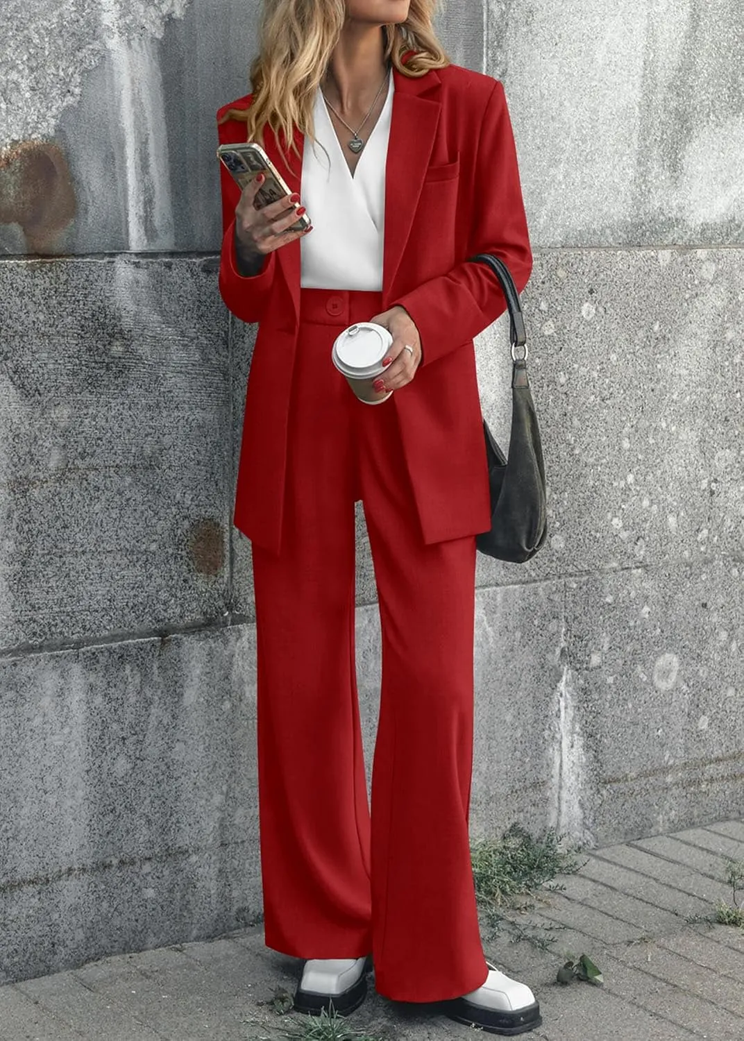 KIRUNDO Women's 2025 Spring Fall 2 Piece Blazer Set Casual Loose Long Blazer Jackets and Dressy Wide Leg Pant Suits Pockets