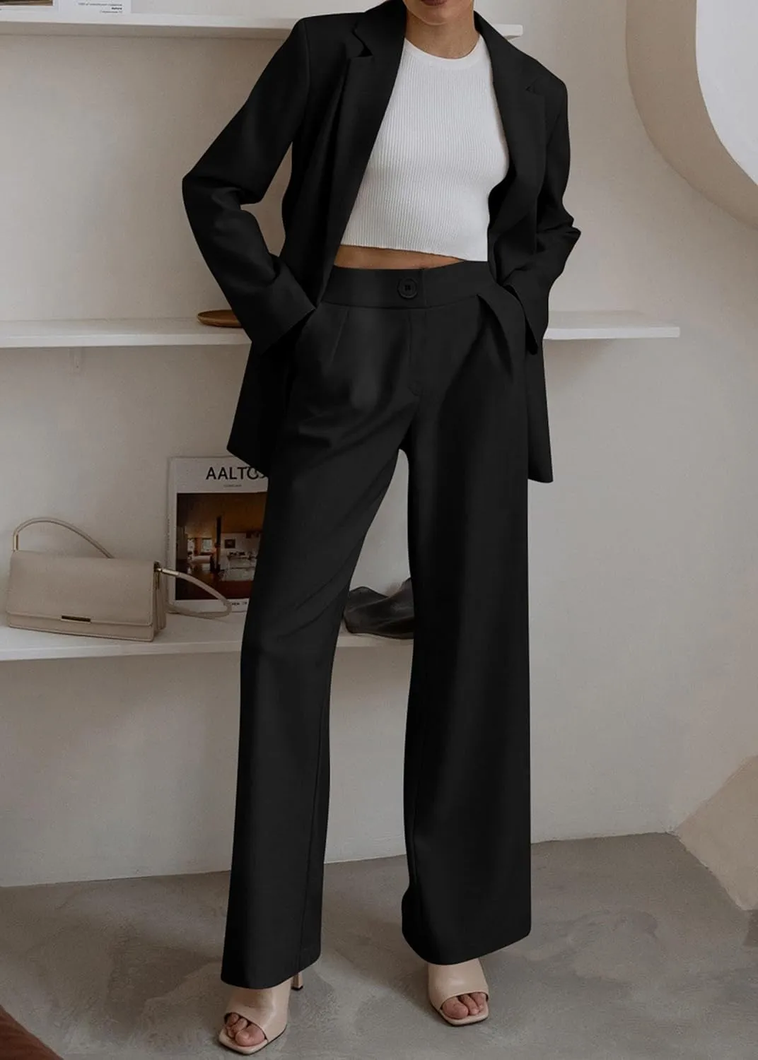 KIRUNDO Women's 2025 Spring Fall 2 Piece Blazer Set Casual Loose Long Blazer Jackets and Dressy Wide Leg Pant Suits Pockets