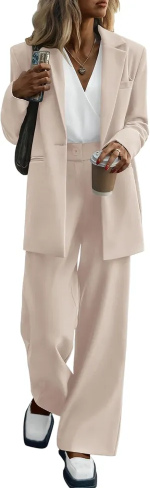 KIRUNDO Women's 2025 Spring Fall 2 Piece Blazer Set Casual Loose Long Blazer Jackets and Dressy Wide Leg Pant Suits Pockets