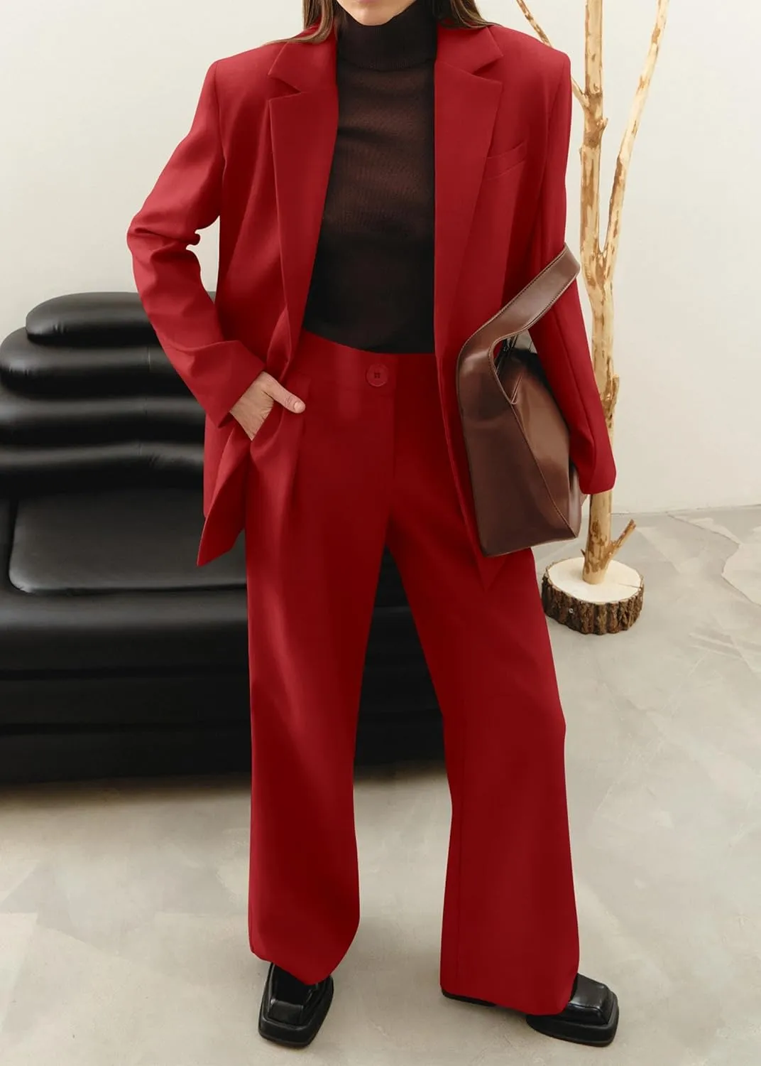 KIRUNDO Women's 2025 Spring Fall 2 Piece Blazer Set Casual Loose Long Blazer Jackets and Dressy Wide Leg Pant Suits Pockets