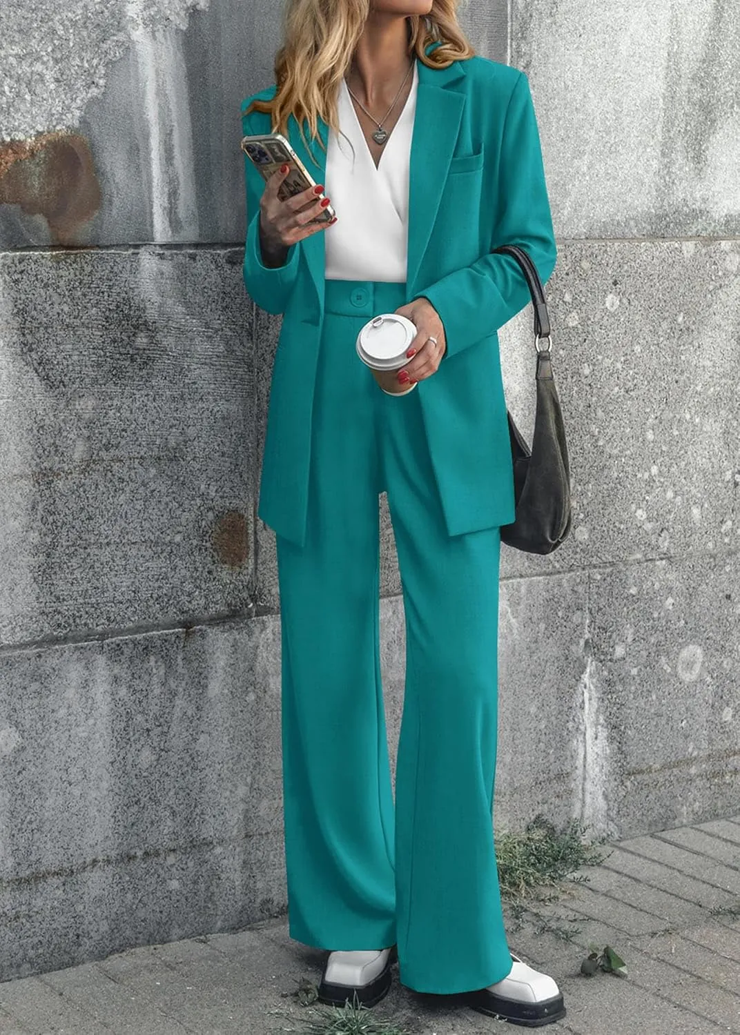 KIRUNDO Women's 2025 Spring Fall 2 Piece Blazer Set Casual Loose Long Blazer Jackets and Dressy Wide Leg Pant Suits Pockets