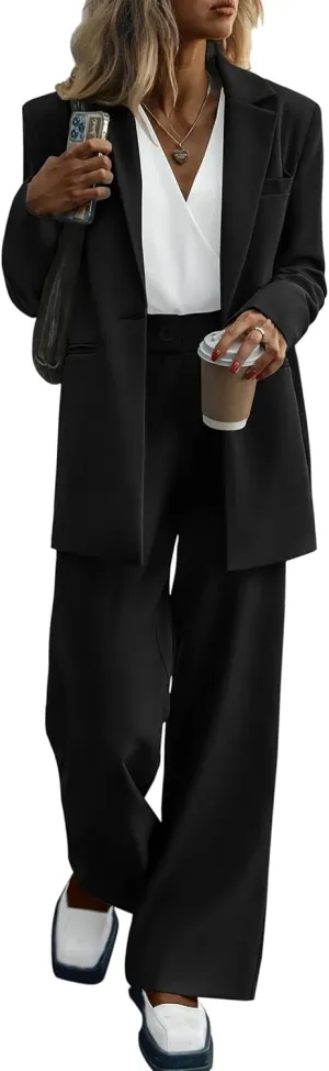 KIRUNDO Women's 2025 Spring Fall 2 Piece Blazer Set Casual Loose Long Blazer Jackets and Dressy Wide Leg Pant Suits Pockets