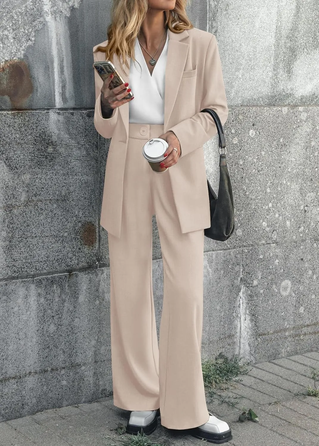 KIRUNDO Women's 2025 Spring Fall 2 Piece Blazer Set Casual Loose Long Blazer Jackets and Dressy Wide Leg Pant Suits Pockets