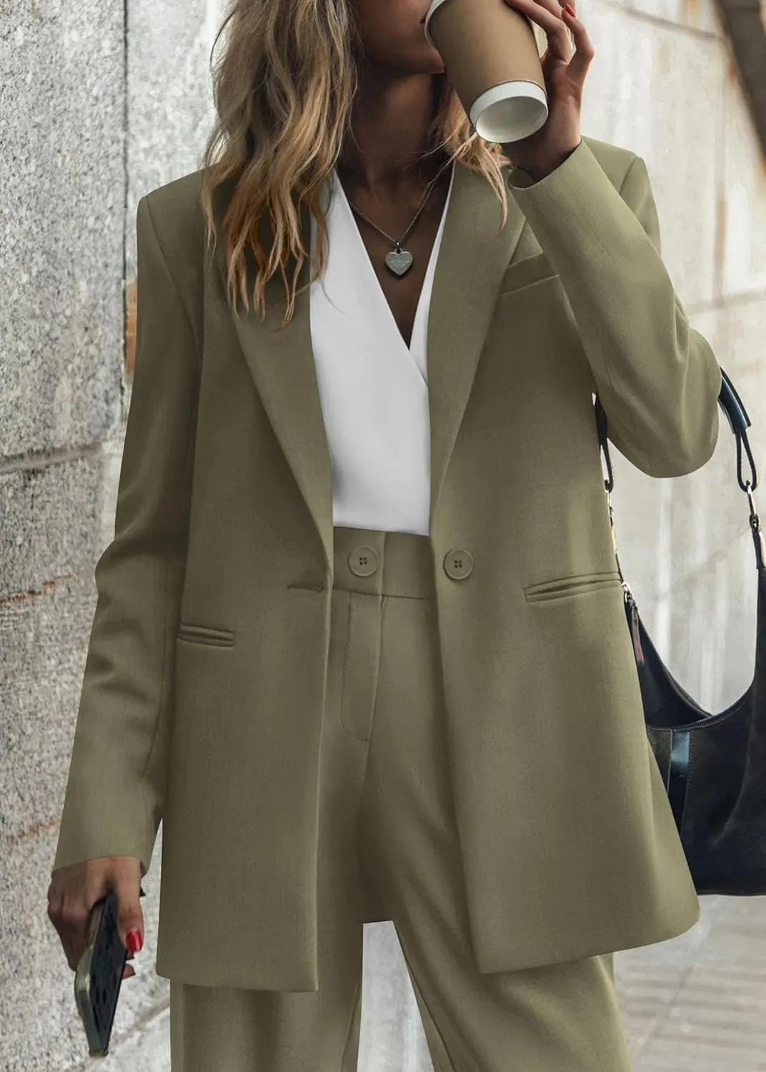 KIRUNDO Women's 2025 Spring Fall 2 Piece Blazer Set Casual Loose Long Blazer Jackets and Dressy Wide Leg Pant Suits Pockets