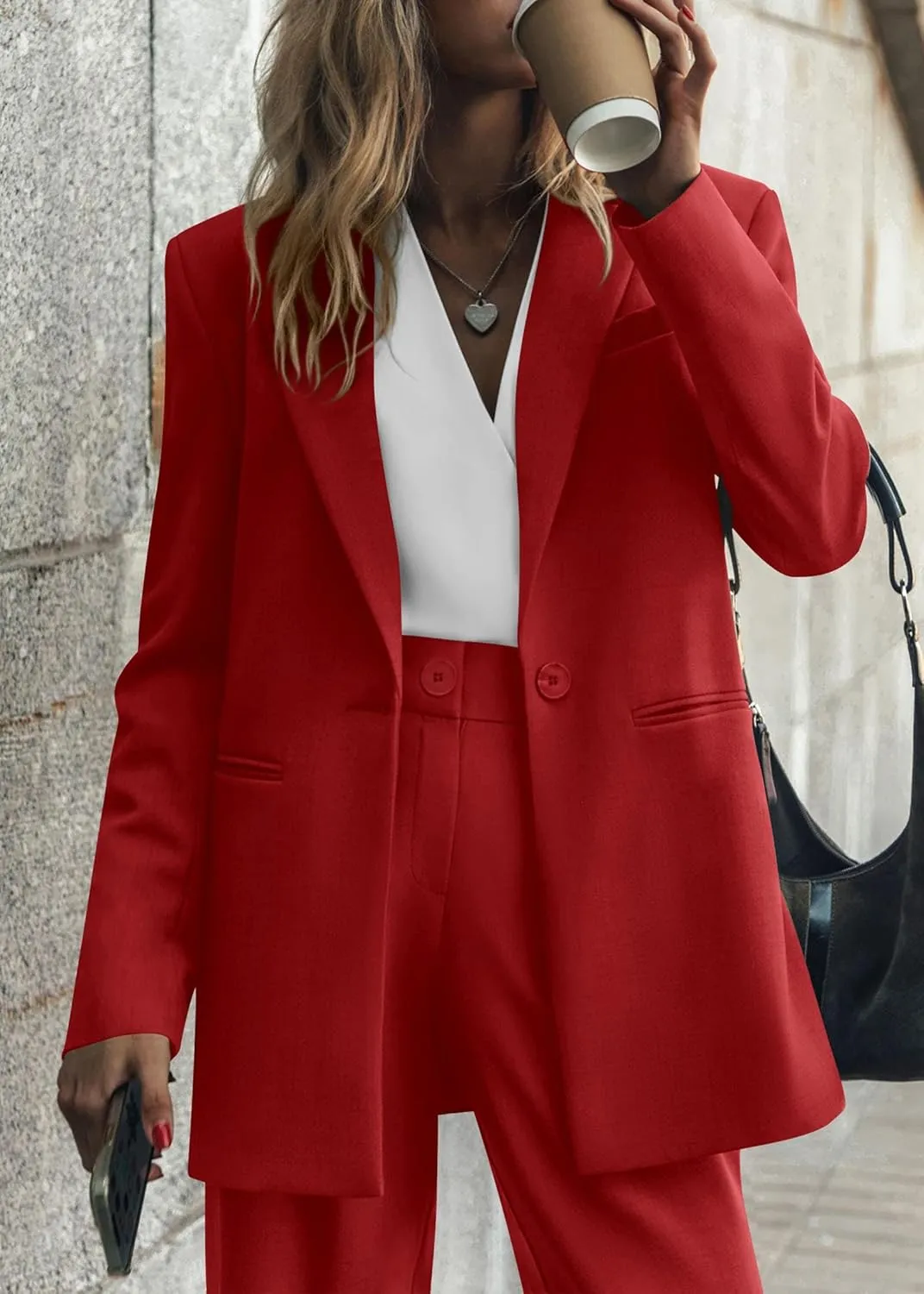 KIRUNDO Women's 2025 Spring Fall 2 Piece Blazer Set Casual Loose Long Blazer Jackets and Dressy Wide Leg Pant Suits Pockets