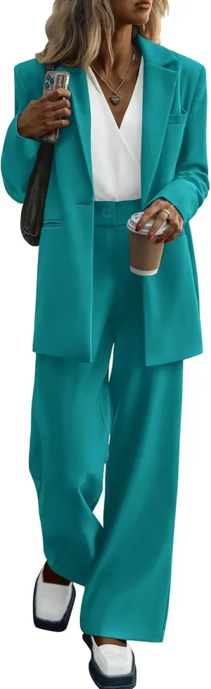 KIRUNDO Women's 2025 Spring Fall 2 Piece Blazer Set Casual Loose Long Blazer Jackets and Dressy Wide Leg Pant Suits Pockets