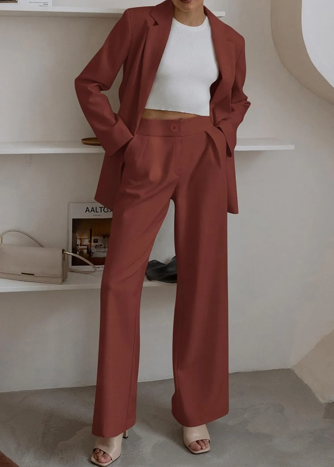KIRUNDO Women's 2025 Spring Fall 2 Piece Blazer Set Casual Loose Long Blazer Jackets and Dressy Wide Leg Pant Suits Pockets