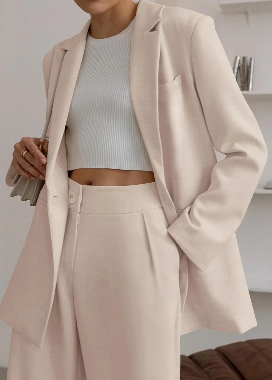 KIRUNDO Women's 2025 Spring Fall 2 Piece Blazer Set Casual Loose Long Blazer Jackets and Dressy Wide Leg Pant Suits Pockets