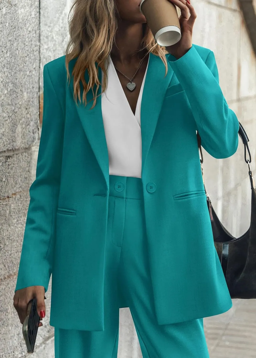 KIRUNDO Women's 2025 Spring Fall 2 Piece Blazer Set Casual Loose Long Blazer Jackets and Dressy Wide Leg Pant Suits Pockets