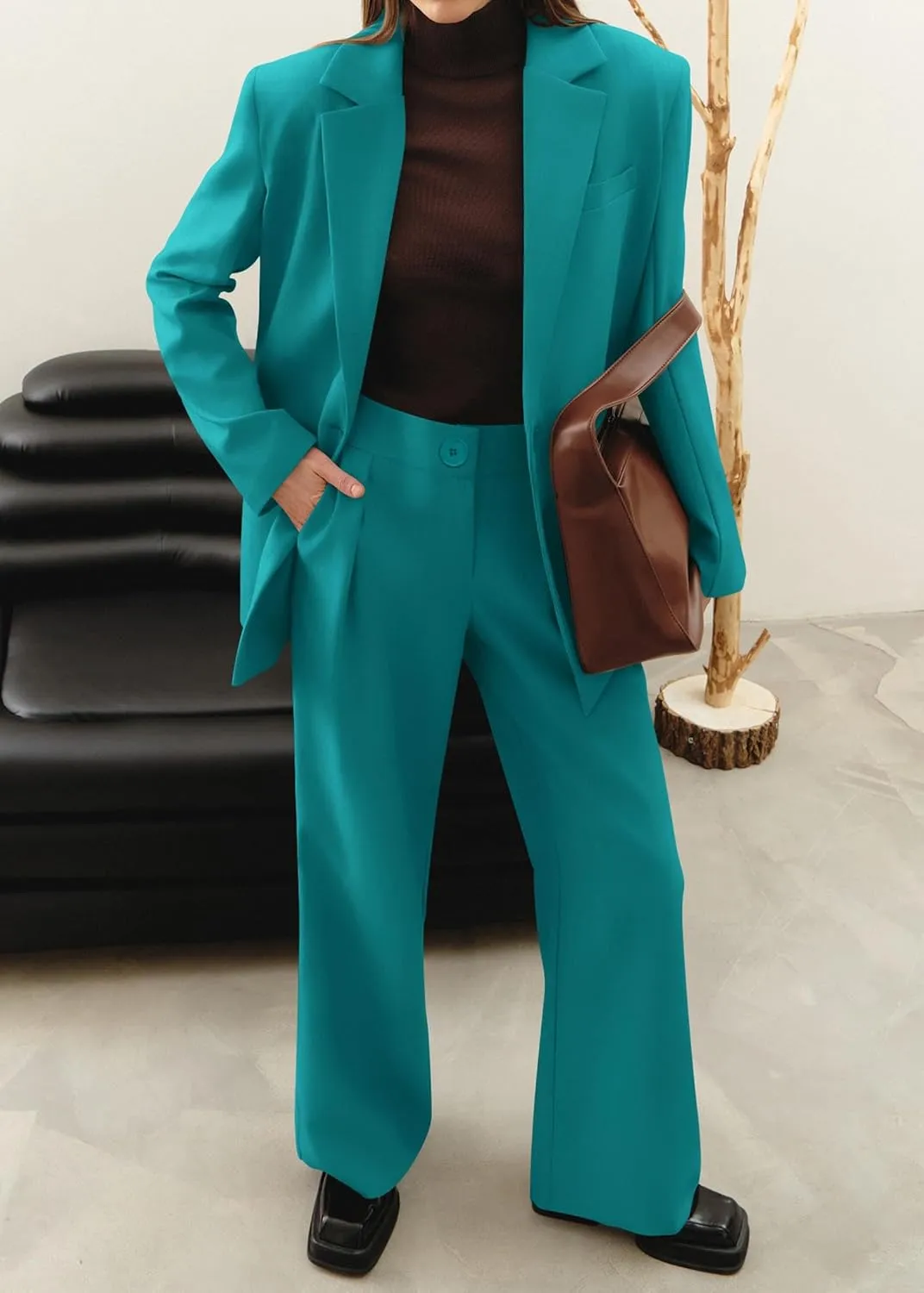 KIRUNDO Women's 2025 Spring Fall 2 Piece Blazer Set Casual Loose Long Blazer Jackets and Dressy Wide Leg Pant Suits Pockets