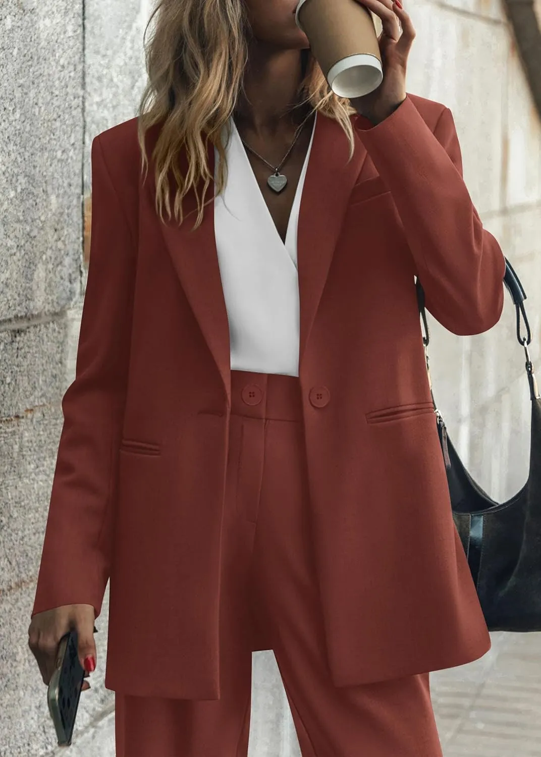 KIRUNDO Women's 2025 Spring Fall 2 Piece Blazer Set Casual Loose Long Blazer Jackets and Dressy Wide Leg Pant Suits Pockets