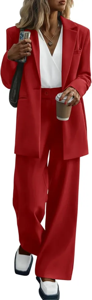 KIRUNDO Women's 2025 Spring Fall 2 Piece Blazer Set Casual Loose Long Blazer Jackets and Dressy Wide Leg Pant Suits Pockets