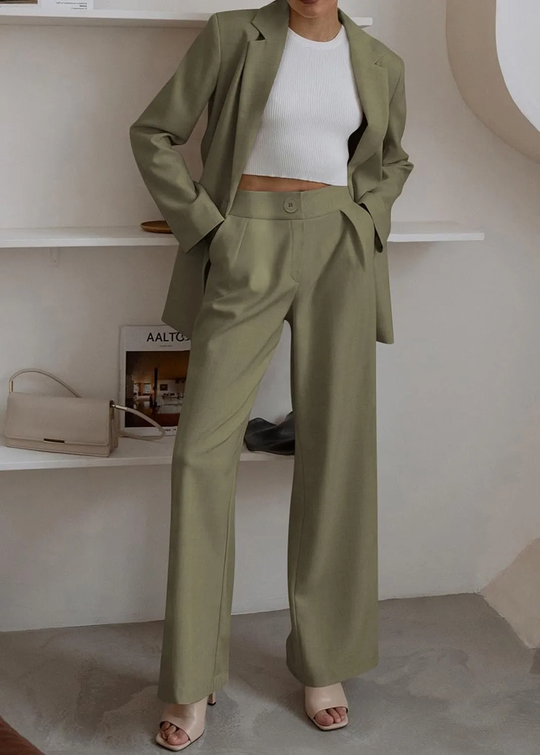 KIRUNDO Women's 2025 Spring Fall 2 Piece Blazer Set Casual Loose Long Blazer Jackets and Dressy Wide Leg Pant Suits Pockets