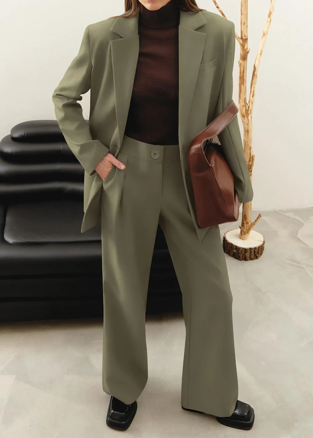 KIRUNDO Women's 2025 Spring Fall 2 Piece Blazer Set Casual Loose Long Blazer Jackets and Dressy Wide Leg Pant Suits Pockets
