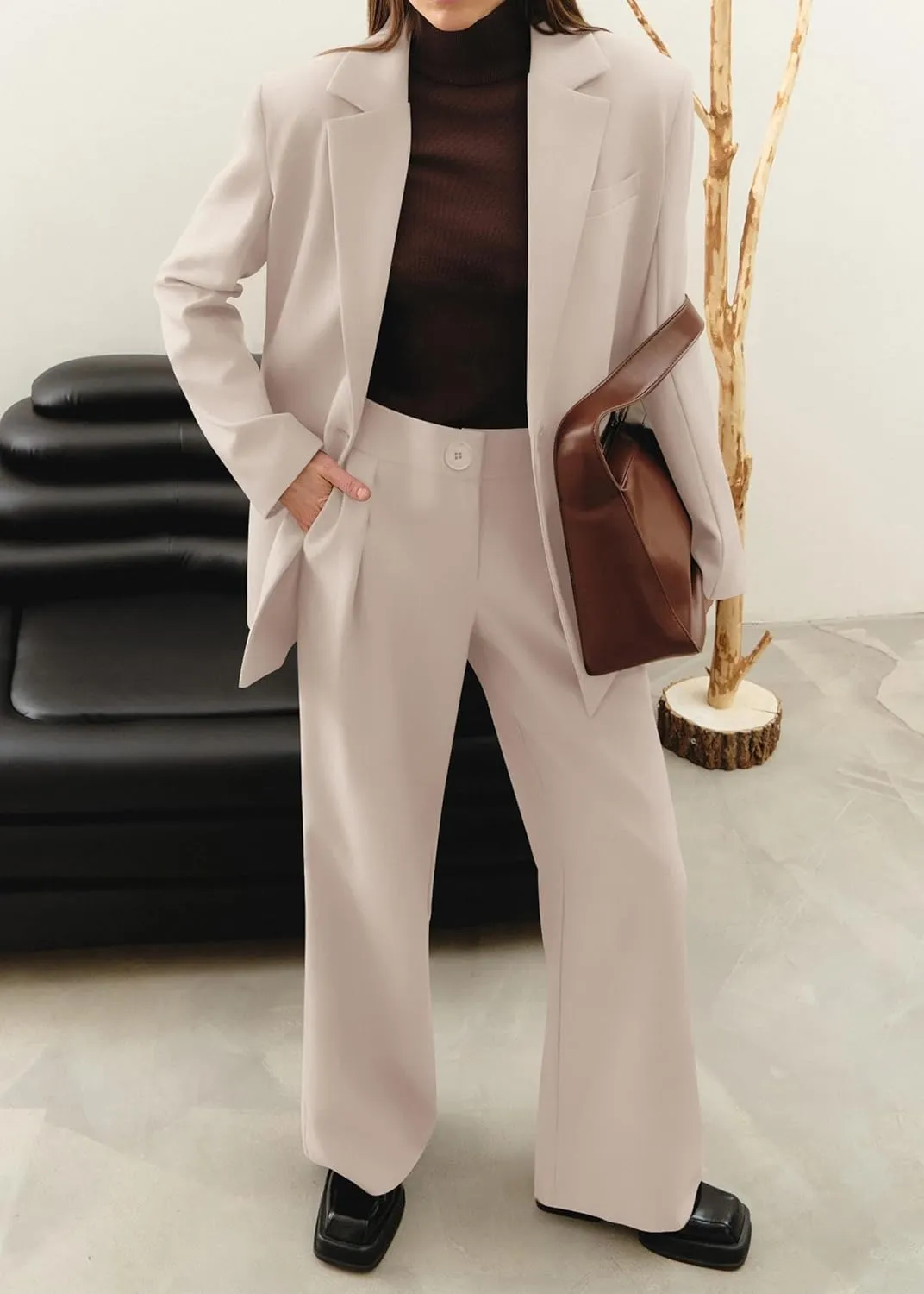 KIRUNDO Women's 2025 Spring Fall 2 Piece Blazer Set Casual Loose Long Blazer Jackets and Dressy Wide Leg Pant Suits Pockets