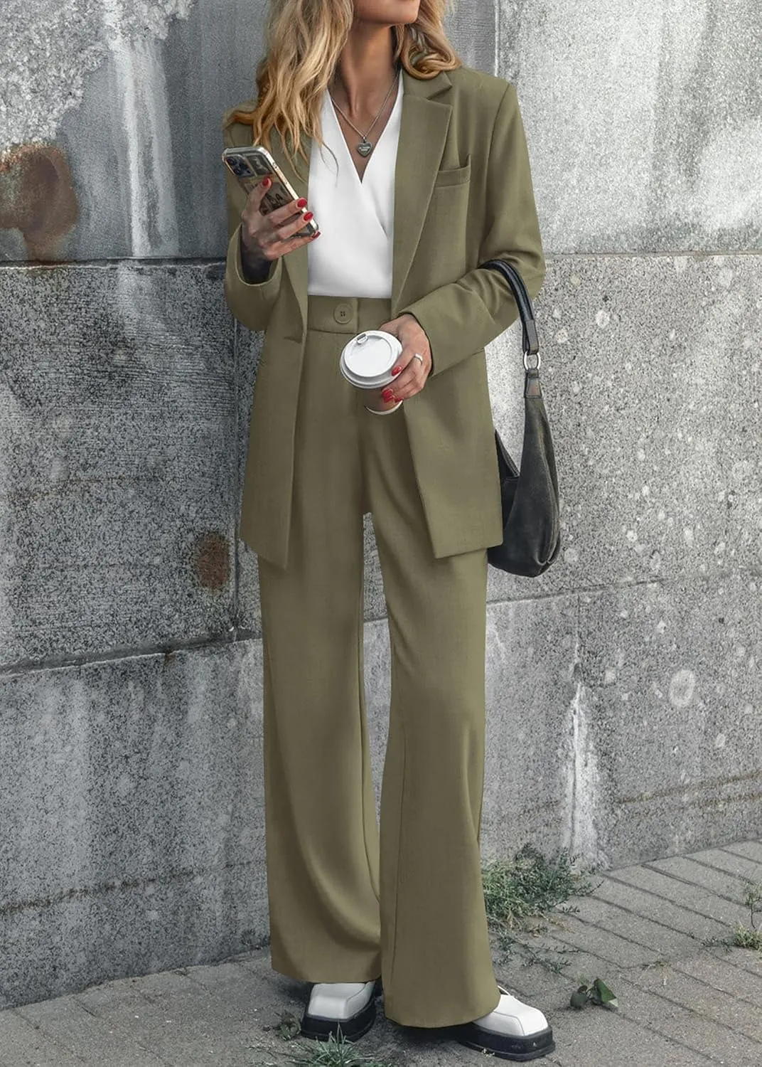 KIRUNDO Women's 2025 Spring Fall 2 Piece Blazer Set Casual Loose Long Blazer Jackets and Dressy Wide Leg Pant Suits Pockets
