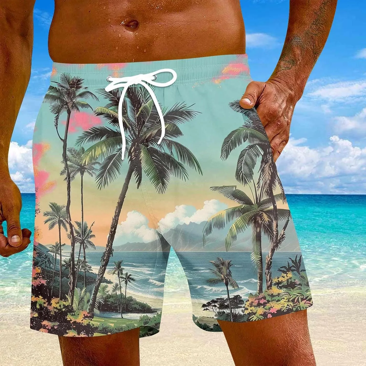 KUIOLYPOER Men's Hawaiian Beach Shorts Summer Casual Drawstring Quick Dry Holiday Tropical Print Shorts with Pockets