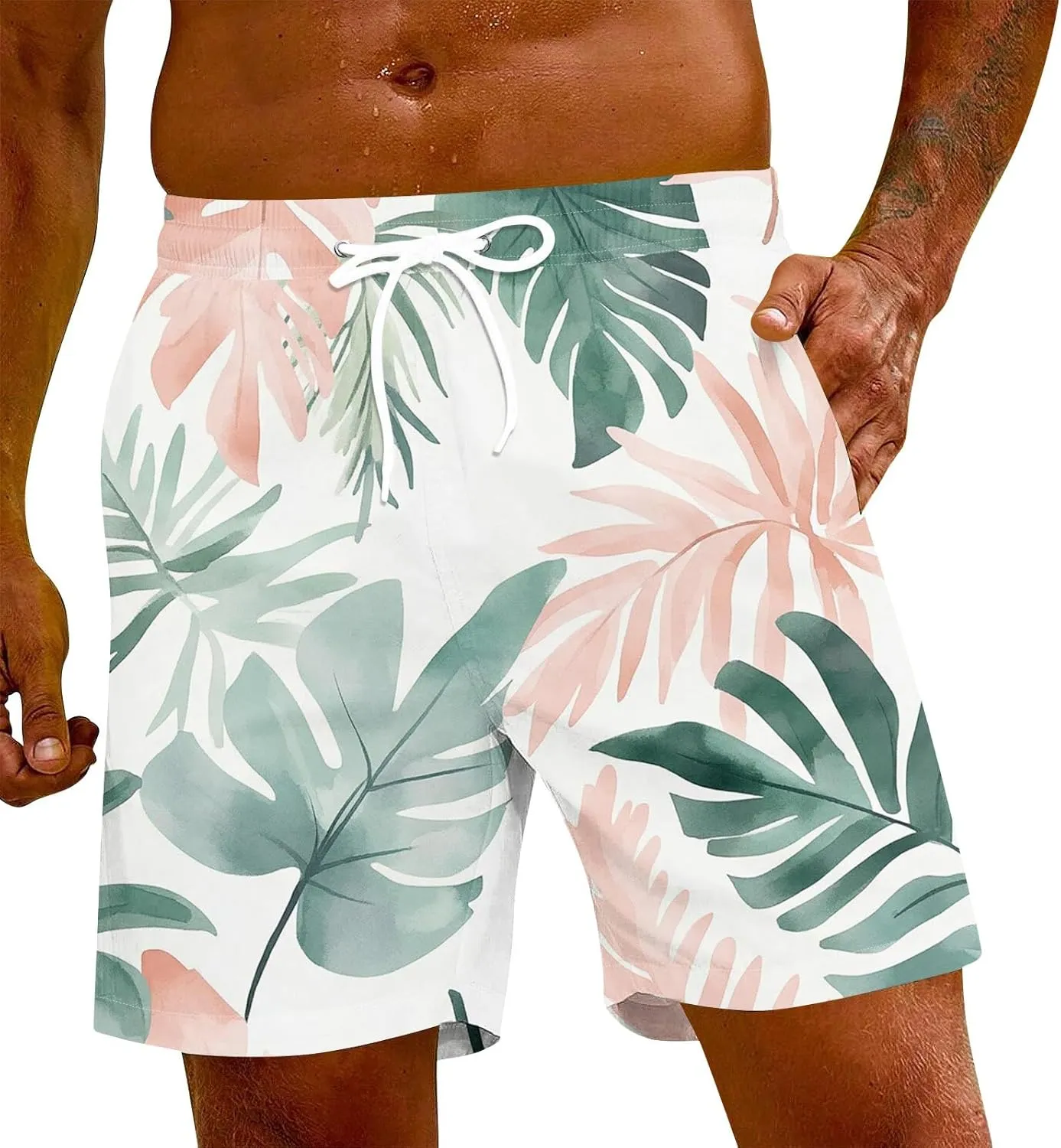 KUIOLYPOER Men's Hawaiian Beach Shorts Summer Casual Drawstring Quick Dry Holiday Tropical Print Shorts with Pockets