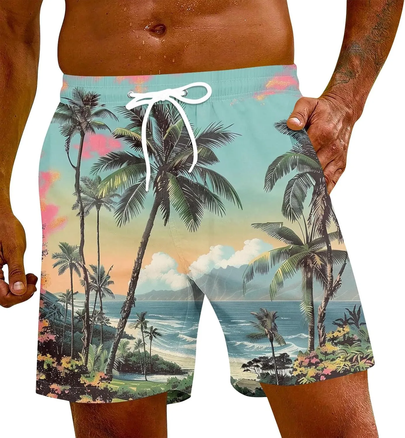 KUIOLYPOER Men's Hawaiian Beach Shorts Summer Casual Drawstring Quick Dry Holiday Tropical Print Shorts with Pockets