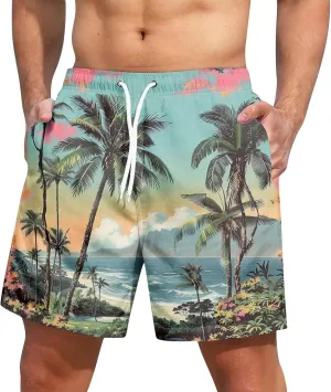 KUIOLYPOER Men's Hawaiian Beach Shorts Summer Casual Drawstring Quick Dry Holiday Tropical Print Shorts with Pockets
